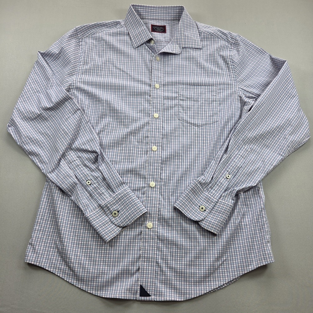 UNTUCKit Mens Medium Blue White Plaid Performance Stretch Long Sleeve Shirt